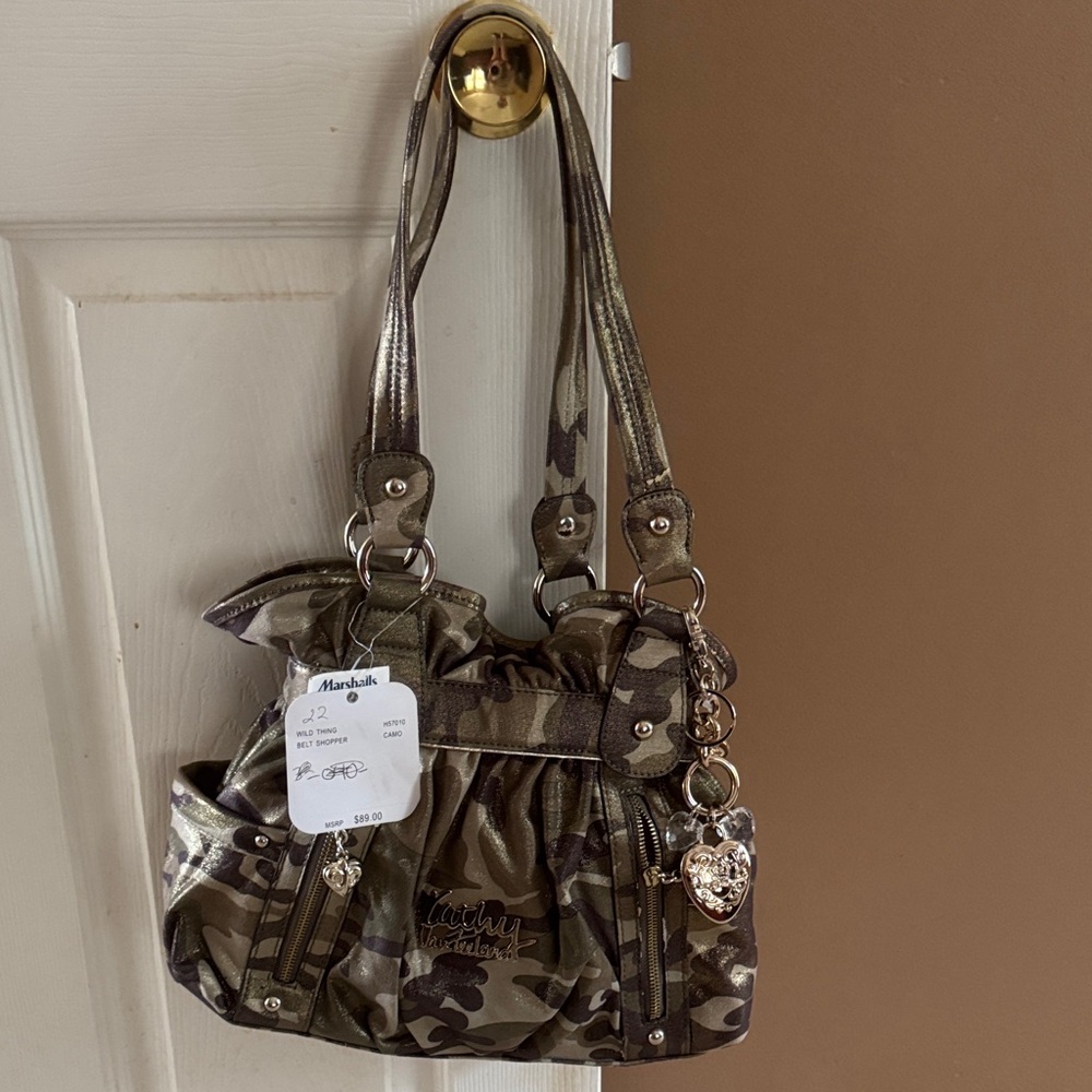 Kathy Van Zeeland Camouflage Shoulder Bag with Gold Accents